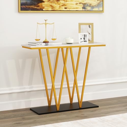 Giantex Gold Console Table, 40” Entryway Table with Faux Marble Top & Sturdy Metal Base, Modern Accent Sofa Table for Entrance, Living Room, Hallway, Foyer Decoration, White Giantex
