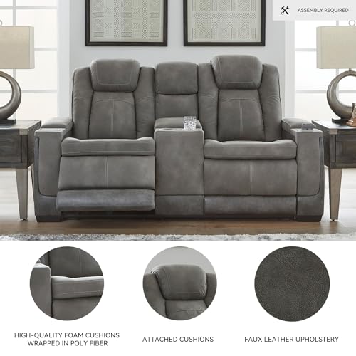 Signature Design by Ashley Next-Gen DuraPella Modern Faux Leather Power Reclining Loveseat with Console & Adjustable Headrest, Gray Signature Design by Ashley