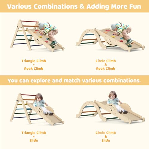 BIERUM 8 in 1 Montessori Pikler Triangle Set with Soft Cushion, Foldable Toddler Climbing Toys with Ramp for Sliding or Climbing, Wooden Jungle Gym, Indoor Playground for Toddlers and Kids, Rainbow BIERUM