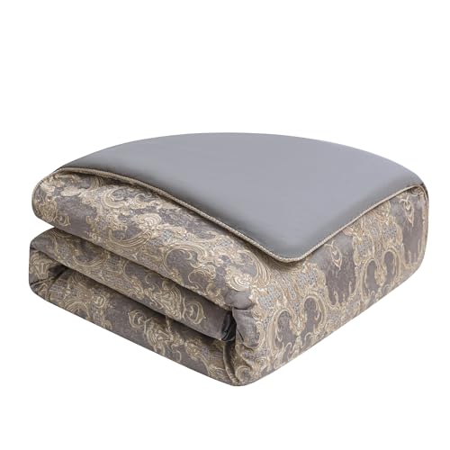 Loom and Mill 9-Piece Jacquard Comforter Set Queen, Royal Elegant Damask Design Comforter Sets, Luxury Bedding Set with Bed Skirt, Euro Shams, Decorative Pillows, All Season(Gray+Beige Brown, Queen) Loom and Mill