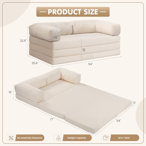 5-in-1 Convertible Sofa Bed,54" Boneless Couch Tri Folding Floor Mattress with Removable L-Shaped Armrests & Handle,Corduroy Futon Couch Sleeper with Pull Out Bed for Living Room Bedroom Apartment feliz home