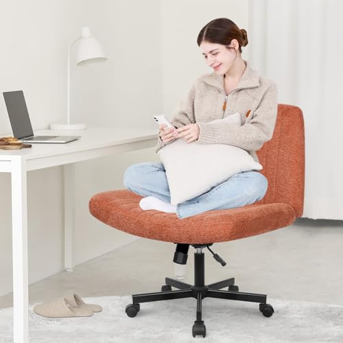 Orange Factory Criss Cross Chair Wheels Wide Cross Legged Office Desk Vanity Chair Comfy Fabric Armless Adjustable Swivel for Home Computer Task (Brown) Orange Factory