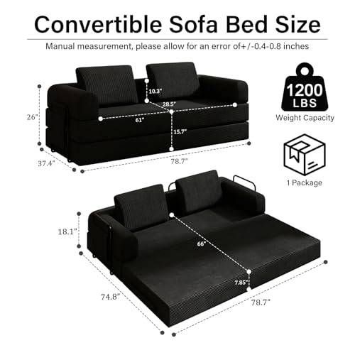 Nivayor 78'' Sleeper Couch Bed for Living Room, Convertible Modular Sofa with Fixed Frame and Side Pocket, Corduroy Futon Boneless Couches in a Box, No Assembly, Black Nivayor
