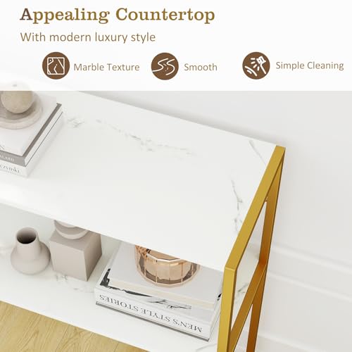 GOFLAME 2-Tier Entryway Table, 36” Console Table with Open Storage Shelf, Faux Marble Top & Metal Frame, Modern Narrow Long Behind Sofa Tables for Living Room, Hallway, Entry, White & Gold GOFLAME