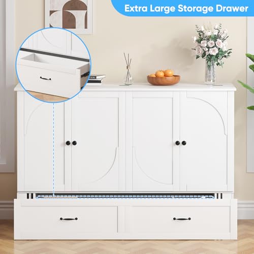 Mjkone Queen Size Murphy Bed Cabinet with Drawers & Tri-Folding Mattress, Modern Multifunctional Guest Chest Cabinet Wall Bed with USB Charging Station for Bedroom Living Room Apartment - White Mjkone