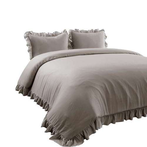 Lush Decor Reyna Ruffle Comforter Set - 3 Piece Cozy Ruffled Bedding Set - Timeless Elegance and Comfort for Dorm Room - Full/ Queen, Gray Lush Decor