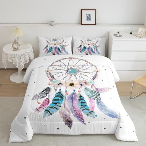 Dream Catcher Comforter Set Twin,Boho Chic Dreamcatcher Feather Bedding Set Watercolor Bohemian Flower Quilt Comforter For Kids Girls Teen Women,Native American Indian Duvet Set 2 Pcs Teal White Erosebridal