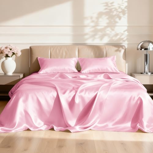 Love's cabin Satin King Sheet Sets - 4 Piece Pink Silky Sheets King Size Bed Set with Deep Pocket, Luxury Silk Feel King Size Satin Sheet Set (1 Flat Sheet,1 Fitted Sheet,2 Pillow Cases) Love's cabin