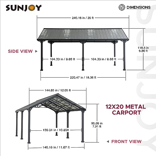Sunjoy Carport 12 ft. x 20 ft. Outdoor Gazebo Heavy Duty Garage Car Shelter with Powder-Coated Steel Roof and Frame by AutoCove, Gray and Dark Gray Sunjoy