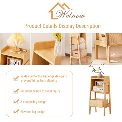 Welnow Natural Modern End Table, Bamboo Nightstand with 1 Tier Storage Space Open Shelf Side Table Cabinet Bedside Table Practical Sofa Side Table for Bedroom, Living Room,Small Welnow