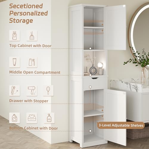 Shintenchi Tall Bathroom Storage Cabinet, Slim Corner Floor Cabinet with Doors and Drawer, Freestanding Narrow Bathroom Organizer with Adjustable Shelves for Small Space, White Shintenchi