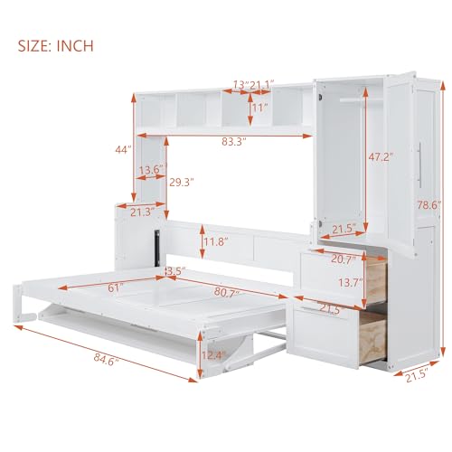 SOFTSEA Queen Size Horizontal Murphy Bed, Queen Murphy Bed with Desk Wardrobe Storage Shelf, Hideaway Wall Bed Frame with Drawers Space-Saving for Guest Room Bedroom or Office, White SOFTSEA