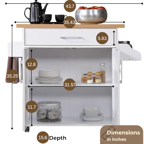 Hodedah Kitchen Island with Spice Rack, Towel Rack & Drawer, White with Beech Top, 15.5 x 35.5-44.9 x 35.2 inches Hodedah