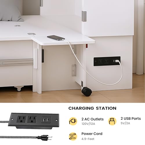Kikihouse Murphy Bed with Motion Sensor Lights, Full Size Murphy Cabinet Bed Hideaway Bed with Storage & Charging Station for Bedroom/Guest Room/Office, Foldable Platform Bed Frame, White Kikihouse