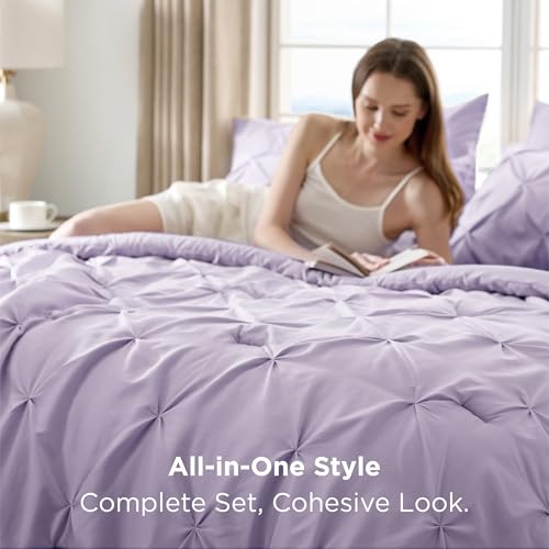Bedsure Full Comforter Set Light Purple - Bed in a Bag Full Size Bedding Set 7 Pieces, GentleSoft™ Pintuck Bed Set Gift for Family, Pinch Pleat All Season Comforter with Sheets, Pillowcases & Shams Bedsure