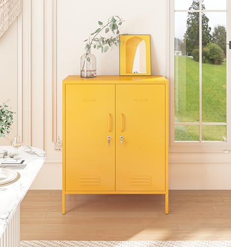 Aiasuit 2 Door Lockable Metal Storage Cabinet, 3-Tier Heavy Duty Industrial Cabinet with Removable Shelves, Easy Assembly Multi-Purpose Storage for Home Office, Yellow 40" H x 31.5" W x 15" D Aiasuit