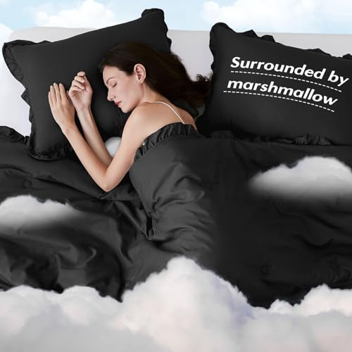 HARBOREST Queen Comforter Ruffle Black, Fluffy Queen Bedding, 3 Pieces Shabby Chic Comforter Set(1 Comforter & 2 Pillow Shams) HARBOREST