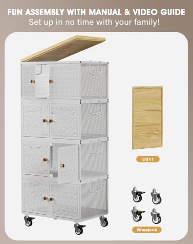 4 Tier Metal Storage Cabinet with wheels, Storage Bins with Magnetic Doors, Storage Cart for Living Room Wofufuza
