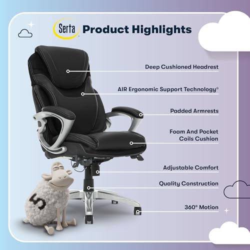 Serta Bryce Executive Office Chair, Ergonomic Computer DeskChairs with Patented AIR Lumbar Support, Comfy Body Pillows, Height Adjustable, Swivel Base with Wheels, Bonded Leather, Black Serta