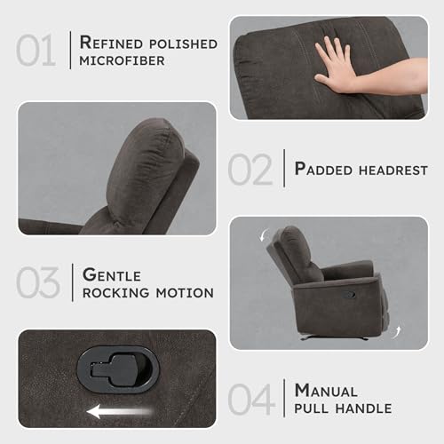 Lexicon Manual Rocker Recliner Chair, Polished Microfiber Manual Reclining Chair with Overstuffed Backrest, Comfy Nursery Recliner for Living Room/Office/Bedroom/Apartment, Easy Assembly, Chocolate