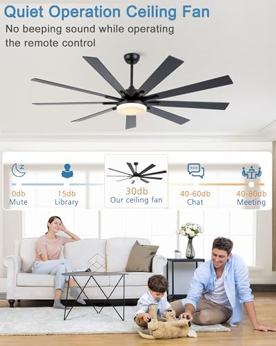 POCHFAN 72 inch Large Ceiling Fans with Lights and Remote Control, Modern Black Ceiling fan with 9 Wooden Blades for Kitchen Living Room Patio, Quiet DC Motor, 3 CCT Dimmable,6 Speed POCHFAN