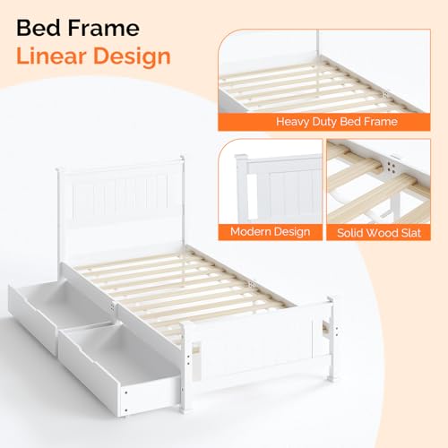 VINGLI Solid Wood Twin Size Bed Frame with Headboard and 2 Storage Drawers,Enhanced Support Single Bed Frame,SModern Minimalist Panel Platform Bed for Kids,Teens, Adults,Guests,Sleigh Bed,White. VINGLI