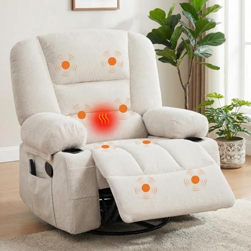 Oversized Wide Recliner Chair with Vibration Massage and Heat, 360° Swivel Recliner Glider for Adults,Chenille Fabric Manual Reclining Single Sofa with Cup Holders & Side Pockets for Living Room,White