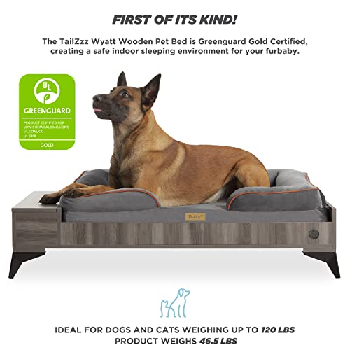 TailZzz Wooden Dog Bed with Mattress, Large to Extra Large Water-Resistant Elevated Pet Bed, Wooden Pet Bed with Storage, Greenguard Gold Certified, Machine Washable, Smokey Grey, Wyatt TailZzz