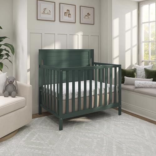 Dream On Me Bellport 4-in-1 Convertible Mini Baby Crib, Compact Design in Safari Green, GreenGuard Gold & BSA, Non-Toxic, Pinewood, Converts to Mini Daybed & Twin Bed, 1″ Mattress Pad