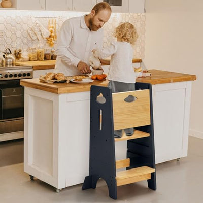 COSYLAND Toddler Standing Tower Adjustable Height - Super Stable Toddler Kitchen Stool Helper - 3 Levels Adjustable Wooden Toddler Kitchen Stool (Natural & Dark Gray)