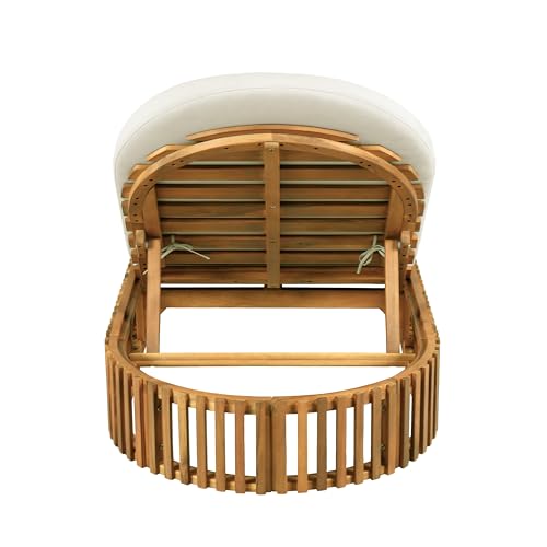 Merax Acacia Wood Chaise Lounge with Curved Cushion, Outdoor Sun Lounger for Patio, Poolside and Garden, Teak Finish Wood Recliner, 80.8" L, Supports 300 lbs, Cream