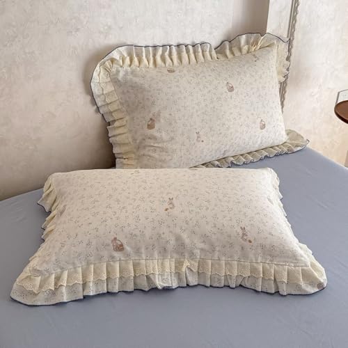 AMZTOP Blue Beige Floral Rabbit Duvet Cover Queen Size with 2 Pillowcases,100 Cotton Muslin Gauze Bed Set for Baby Kids,Lightweight Breathable Lace Ruffle Duvet Covers Teen Girls Queen 90"×90" AMZTOP