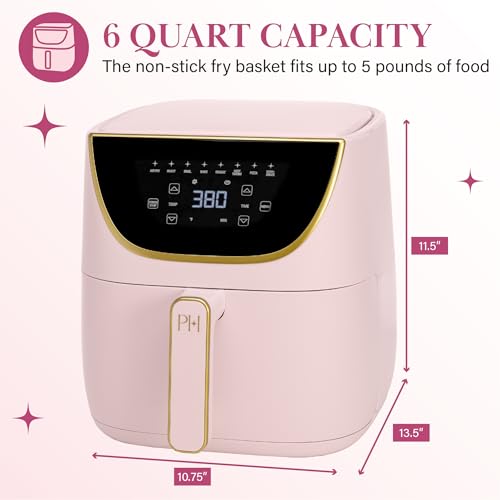 Paris Hilton Air Fryer, Large 6-Quart Capacity, Nonstick Made without PFAS, Touchscreen Display, 8-in-1 (Air Fry, Roast, Broil, Bake, Reheat, Keep Warm, Pizza, Dehydrate), Dishwasher Safe, Pink Paris Hilton