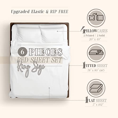 Elegant Comfort Amelia Paisley Printed 6-Piece Sheet Set, Deep Pocket 1500 Thread Count, Fade, Stain, and Wrinkle Resistant, Fitted Sheets with Smart Pockets, Paisley Sheet Set, King, Ash Gray Elegant Comfort
