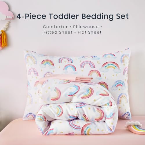 Wake In Cloud - Rainbow Toddler Bedding Set for Girls, Cute Colorful Pastel Rainbow with Clouds, 4 Pieces Soft Crib Bed Set Including Comforter, Sheets and Pillowcase, White Pink Wake In Cloud