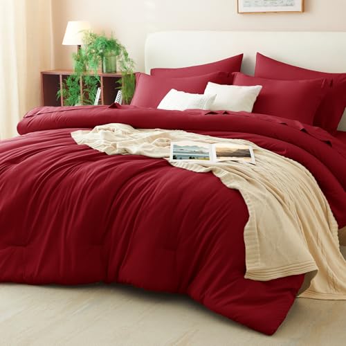 CozyLux Full Size Comforter Set Dark Red, 7 Pieces Bed in a Bag Full Comforter Set with Sheets, Bedding Set with Down Alternative Comforter, Fitted Sheets, Flat Sheets, Pillow Shams and Pillowcases CozyLux
