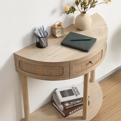Wnutrees Rattan Half Moon Console Table, Modern Entryway Table with Drawer, Boho Sofa Table with Bottom Storage Shelf, Small Semicircular Tables for Hallway, Living Room, Natural Wnutrees