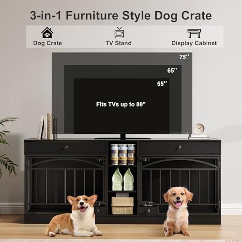 IDEALHOUSE 78.7" Double Dog Crate Furniture with Storage and 2 Doors, Dog Kennel Indoor with Feeding Bowls, Wood Dog Crate TV Stand for Small Medium Dogs, Black IDEALHOUSE