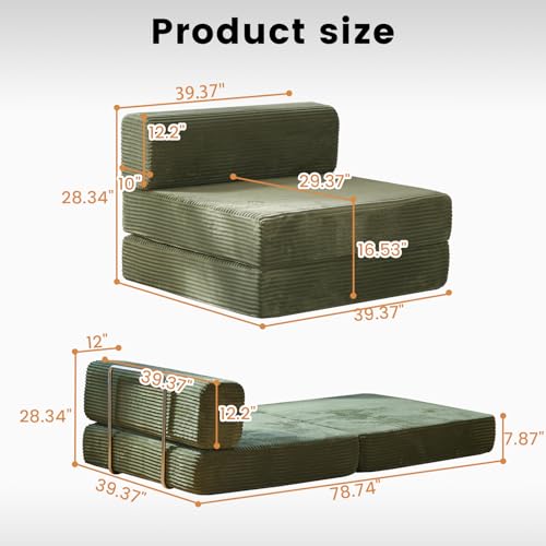 GEARIVY Folding Sofa Bed Convertable Corduroy Couch King Size Floor Sleeper 4-in-1 DIY Combination Modular Sofa Fold Out Futon Lounge Comfy Foldable Lazy cama for Living Room (Green, 39.37″S-HR) GEARIVY