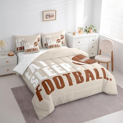 Feelyou Football Comforter Set with Sheets Full Size Rugby Sports 7 Pieces Bedding Set for Kids Boys Girls Teens Beige Brown Sports Ball Game Bed in a Bag Gift for Football Lover Bed Set Feelyou