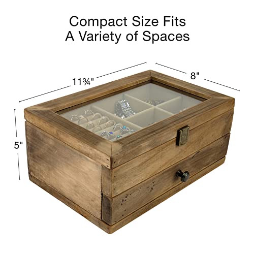 Excello Global Products Jewelry Box: Farmhouse Solid Wood Rustic Distressed Jewelry Organizer. Includes Glass Window and Storage Drawer. EXCELLO GLOBAL PRODUCTS