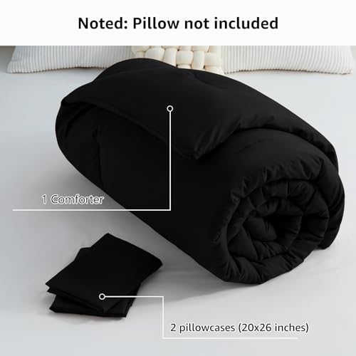 CozyLux Comforter Full Size Set Black, 3 Pieces Solid Lightweight Soft Bed Set for All Season, Luxury Breathable Quilted Style Microfiber Down Alternative Bedding Sets (1 Comforter & 2 Pillowcases) CozyLux