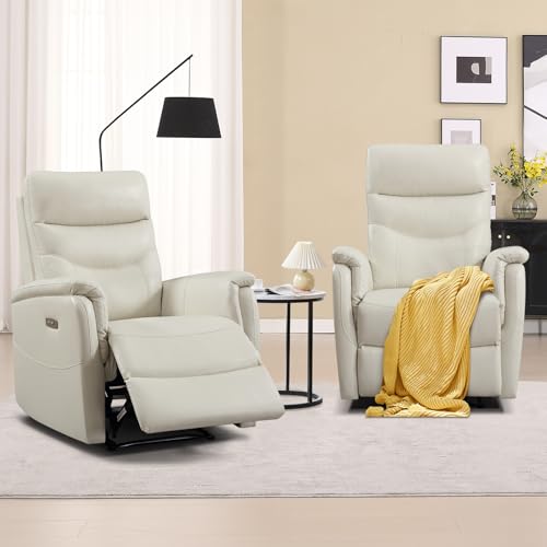 CANMOV Power Recliner Chair for Adults, Genuine Leather Reclining Chair with Overstuffed Arm and Back, Electric Single Reclining Sofa with USB Charging Ports for Living Room Nursery, Bedroom(White)