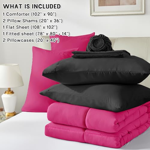 Anluoer King Comforter Set,Hot Pink&Black Bed in a Bag 7 Piece,Lightweight Bedding Set with Soft Down Alternative Fill,Bed Set Includes Comforter, Fitted Sheet, Flat Sheet,Pillowcases and Shams Anluoer