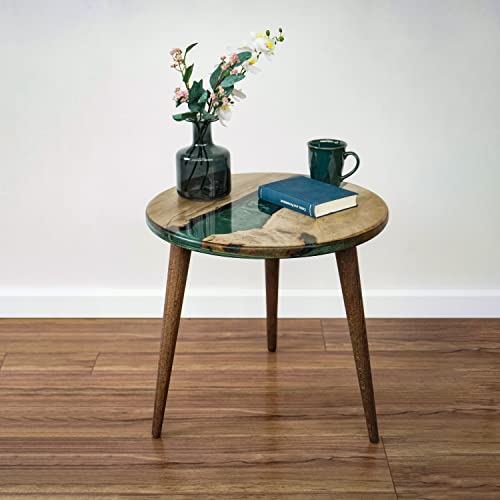 20" Resin Walnut Round Side Table | Epoxy End Table | Coffee Table | Mid Century Modern Resin Walnut | Living Room Furniture | Green Color Ultimate Premium Products