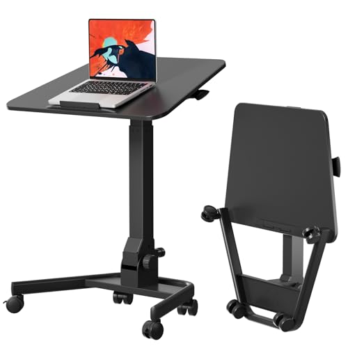 JYLH JOYSEEKER Foldable Mobile Standing Desk, Pneumatic Height Adjustable Rolling Sit Stand Desk, 90° Tiltable Portable Laptop Cart on Wheels, Mobile Desk Workstation for Home Office, Easy to Fold JYLH JOYSEEKER