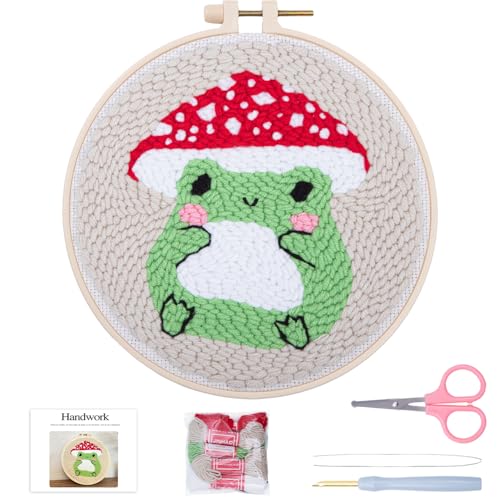 Louise Maelys Beginners Punch Needle kit,Embroidery Starter Kits for Adults,Rug Tool,Cross Stitch Including Handle Pen,Cloth,Hoop,Threads and Instruction-Mushroom Frog Pattern