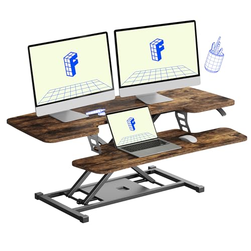 FLXISPOT 40in Standing Desk Converter, Height Adjustable Riser, Manual Lift with Gas Spring Monitor and Laptop Workstation, Rustic Color FLEXISPOT