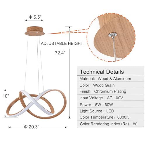 MAYNA Modern LED Chandelier, LED Pendant Light in Wood Finish, Adjustable Height Chandeliers with Irregular Ring, Modern Chandeliers for Dining Room Kitchen Island Living Room Bedroom, 6000K Daylight MAYNA