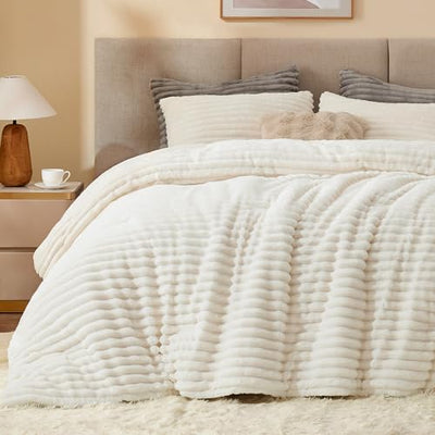 BEDELITE Fleece King Comforter Set -Super Soft & Warm Fluffy Cream White Bedding, Luxury Fuzzy Heavy Bed Set for Winter with 2 Pillow Cases
